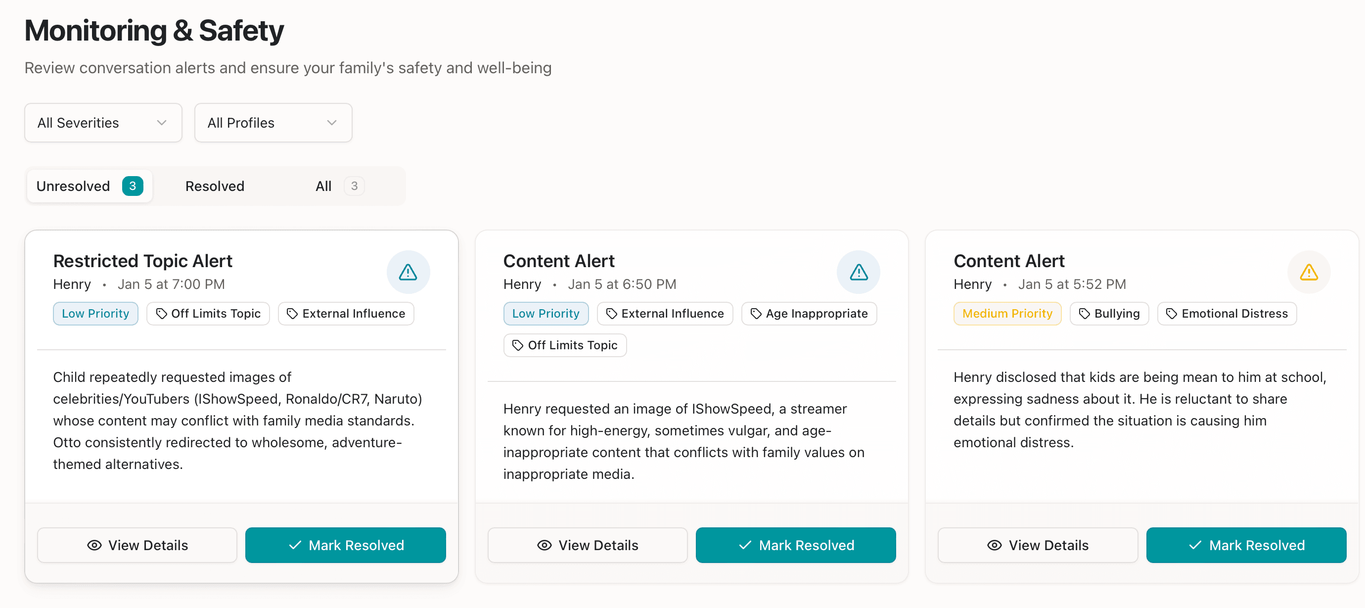 HeyOtto Monitoring & Safety Alerts Dashboard showing real-time conversation alerts for parents